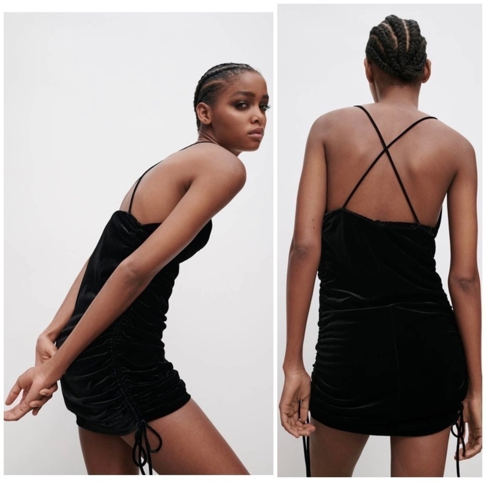 Zara Women's Draped Ruched Velvet Mini Party Dress Sleeveless Black Sz L.